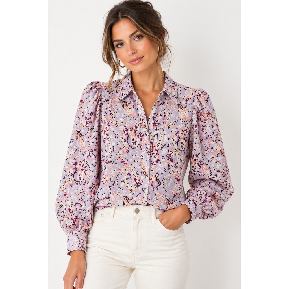 Ann Taylor Womens SP Purple Paisley Long Sleeve Button Up Blouse Top Lavender